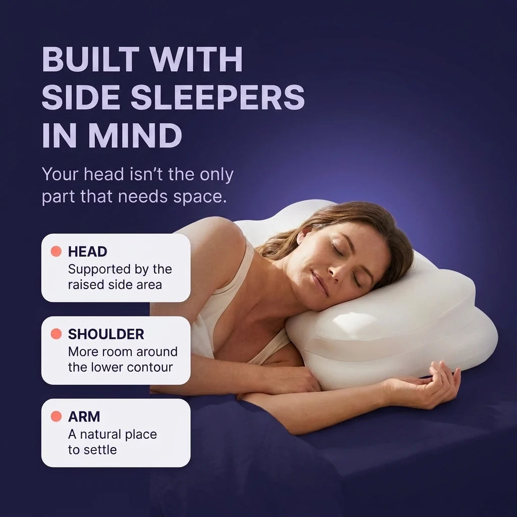 Built with side sleepers in mind. Head supported by the raised side area, more room around the lower contour for the shoulder, a natural place for the arm to settle.