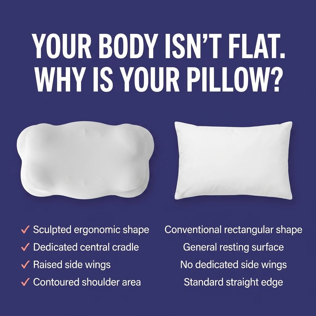 Your body isn't flat. Why is your pillow? The WingAlign pillow beside a conventional rectangular pillow. WingAlign: sculpted ergonomic shape, dedicated central cradle, raised side wings, contoured shoulder area. Conventional pillow: rectangular shape, general resting surface, no dedicated side wings, standard straight edge.