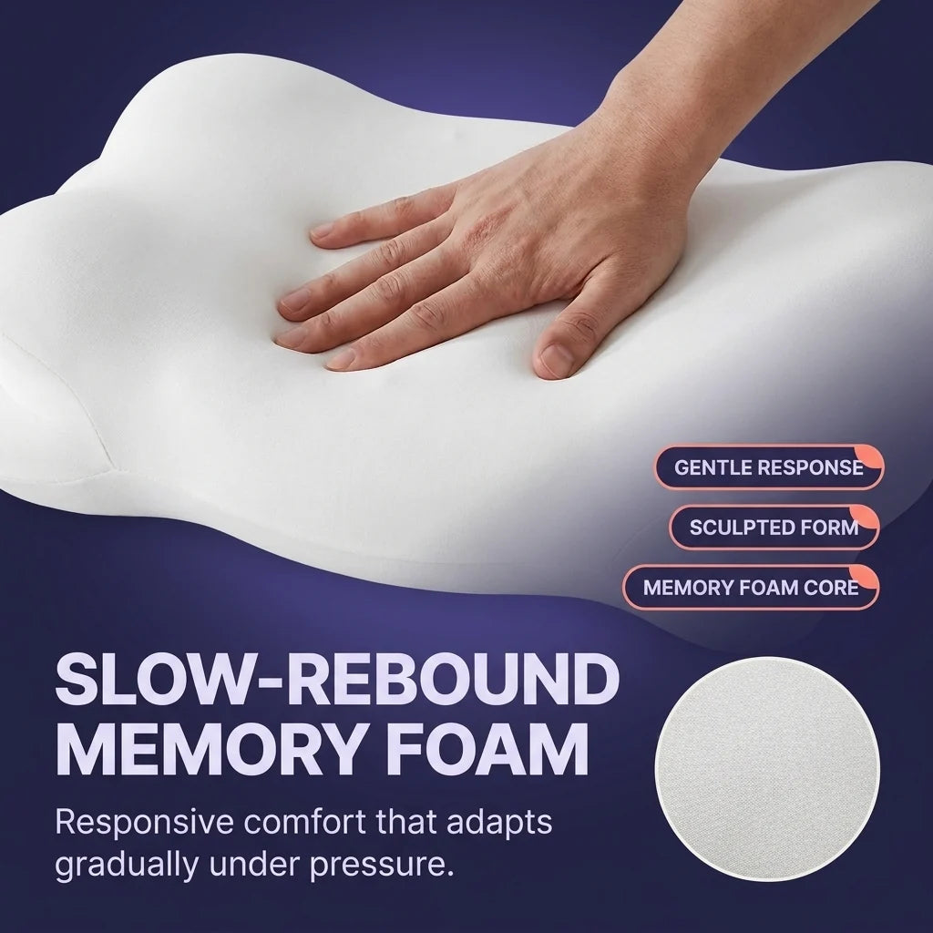 Slow-rebound memory foam. A hand presses into the pillow surface and the foam gives gradually. Gentle response, sculpted form, memory foam core.